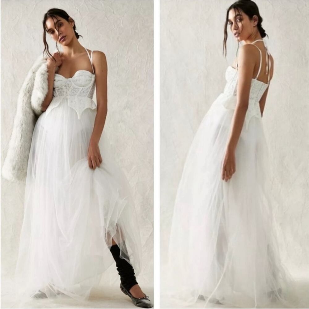 NEW For Love and Lemons Lily Corset Chiffon Maxi Bridal Gown White Small